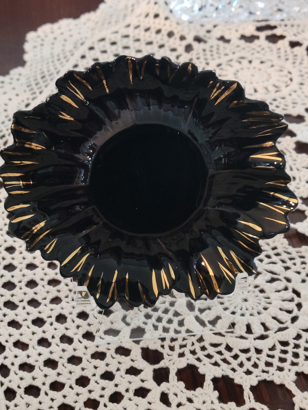Fine Porcelain Black Ruffled Small Plate with Gold Accents